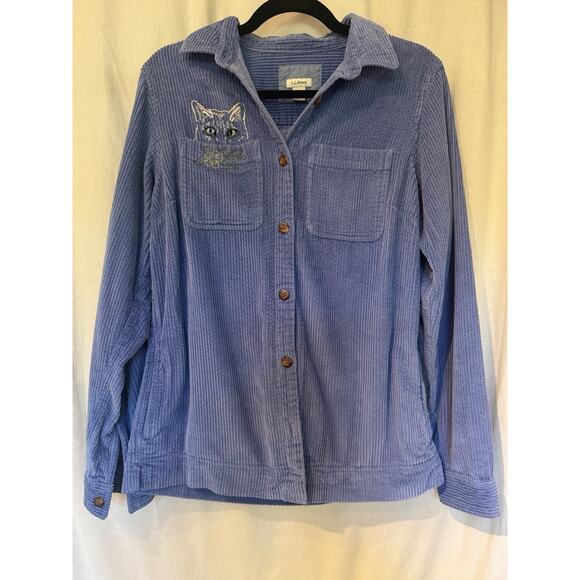 L.L. Bean Tops - L.L. Bean Women's Comfort Corduroy Relaxed Shirt Embroidered Cat Larkspur XS